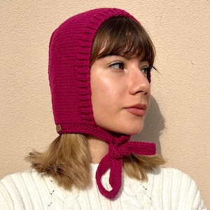 Merino Balaclava Knit Bonnet With Scarf Hood Bow Tie Hand Knit Bonnet Woman Balaclava Woolen Adult Bonnet Beanie 60s Winter Hats Pink Bonnet