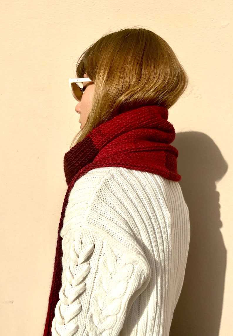 Hand knitted scarf in gradient red tones, cozy winter accessory, handmade neckwear made from 25% wool image 9