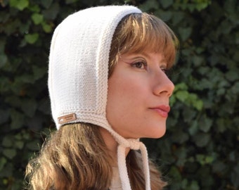 White Balaclava Knit Wool Bonnet Handmade Hood With Tie Balaclava Merino Woman Bonnet Adult 70s Winter Accessory Custom Balaclava