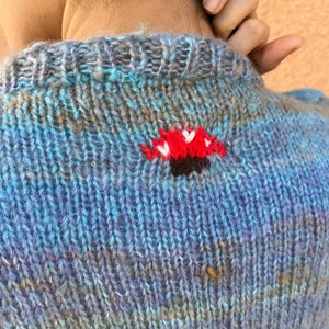 Blue Mohair Sweater: Hand-Knitted Mushroom Design Pullover