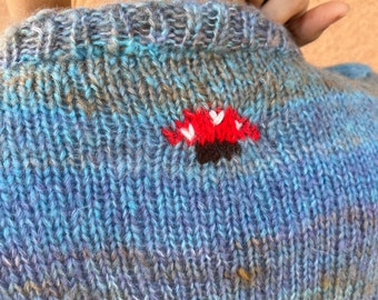 Blauwe Mohair trui gebreide trui met paddestoelpatroon wollen trui vrouw vest uniek paddenstoelontwerp cadeau voor paddestoelliefhebber