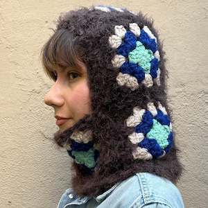 Handcrafted Fuzzy Granny Square Crochet Balaclava: Brown Floral Knit