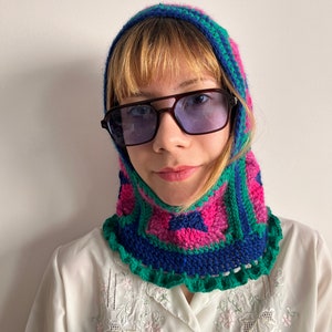 Crochet balaclava, balaclava knit, multicolor cozy balaclava in yellow pink blue, women's balaclava, granny square balaclava, hand knit hood image 7