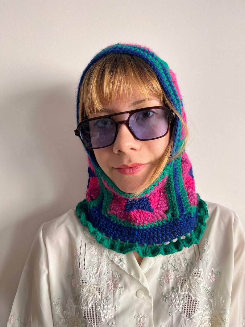Crochet balaclava, balaclava knit, multicolor cozy balaclava in yellow pink blue, women's balaclava, granny square balaclava, hand knit hood image 7