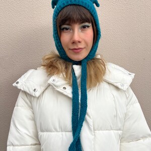 Petrol blue mohair balaclava, cat ears bonnet, hand knitted balaclava with ties, blue adults bonnet with ears image 9