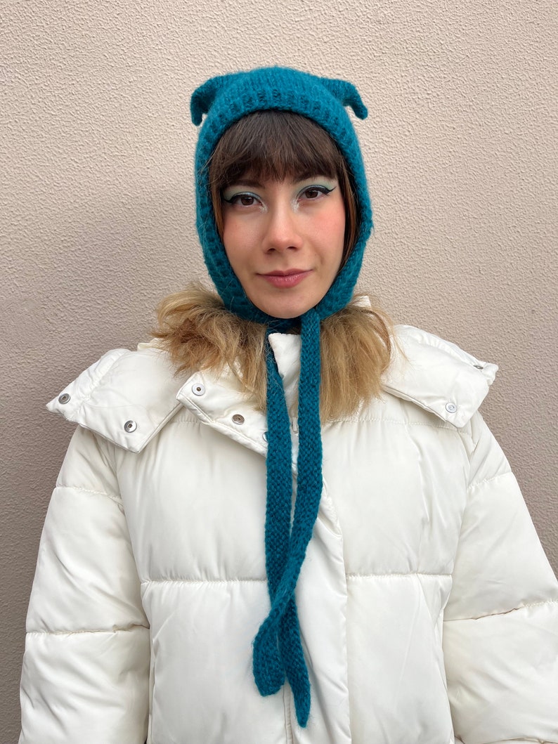 Petrol blue mohair balaclava, cat ears bonnet, hand knitted balaclava with ties, blue adults bonnet with ears image 9