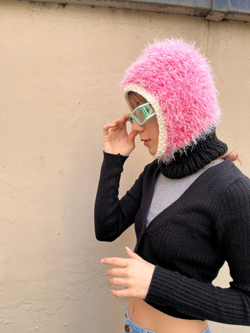 Fuzzy balaclava knit, hand knitted fluffy balaclava in pink black white, colorful cozy hood, unique ski mask image 3