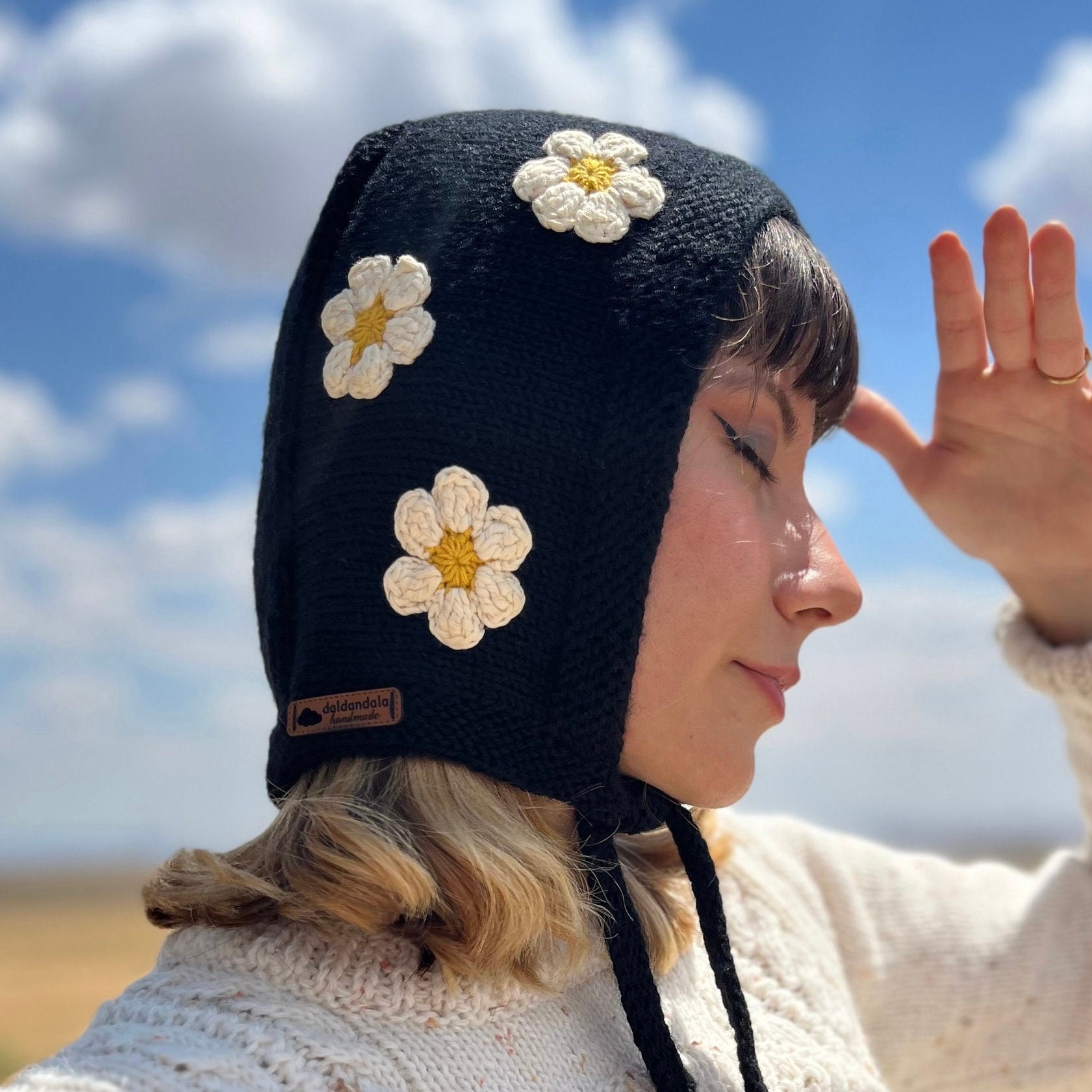 Wool Bonnet Knit in Black, Daisy Crochet Knit Hat, Bow Tie