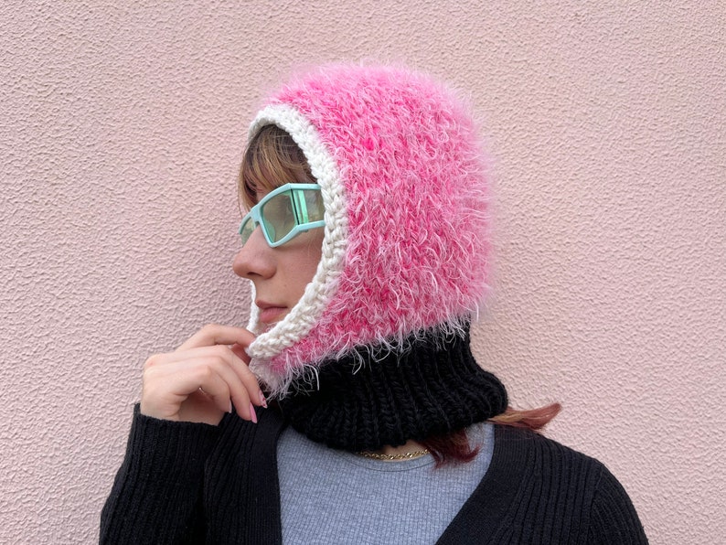 Fuzzy balaclava knit, hand knitted fluffy balaclava in pink black white, colorful cozy hood, unique ski mask image 8