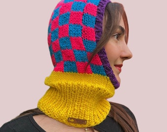 Hand knitted checkered balaclava in blue yellow pink purple