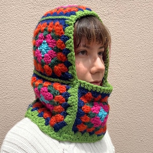 Hand knitted crochet balaclava, wool and cotton mix floral balaclava