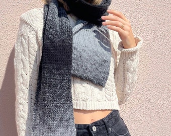 Hand knitted wool scarf in gradient black and gray tones