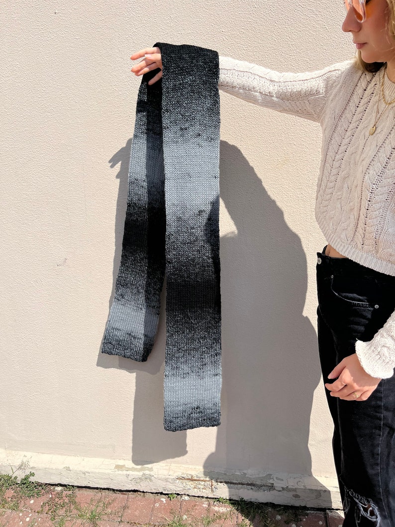 Hand knitted wool scarf in gradient black and gray tones image 4