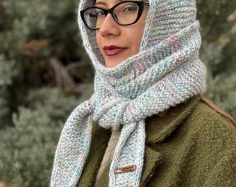 Hand knit mohair hood scarf, super warm hood for winter