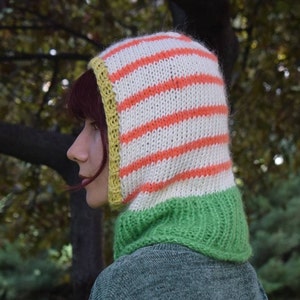 Balaclava knit, super soft mohair balaclava, wool and acrylic mix hood, handmade beanie, striped balaclava