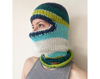 Balaclava full face cover in blue and green tones, knitted balaclava