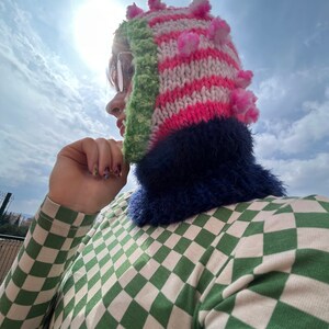 Hand knit balaclava with pom poms, cozy hand knit head wear, colorful knitted hood, striped balaclava in pink white and green image 9