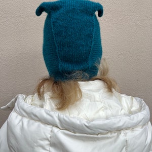 Petrol blue mohair balaclava, cat ears bonnet, hand knitted balaclava with ties, blue adults bonnet with ears image 6