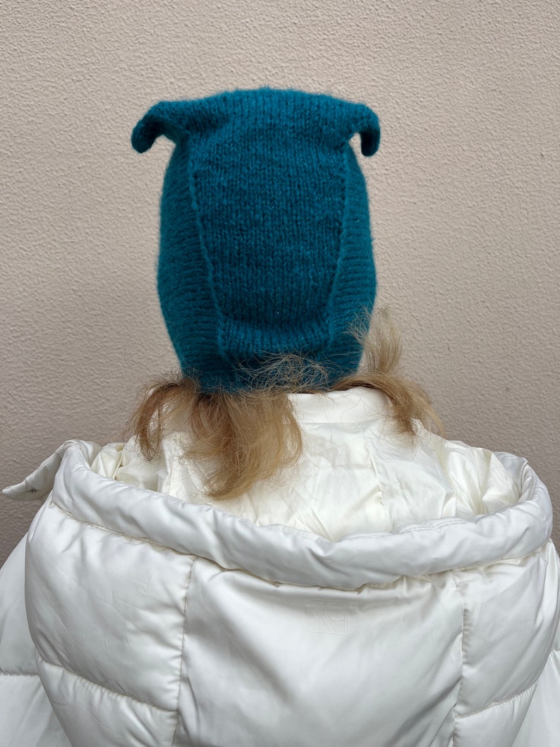 Petrol blue mohair balaclava, cat ears bonnet, hand knitted balaclava with ties, blue adults bonnet with ears image 6