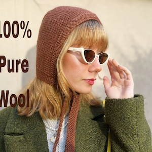 Handmade Wool Knit Bonnet: Chestnut Bow Tie Balaclava