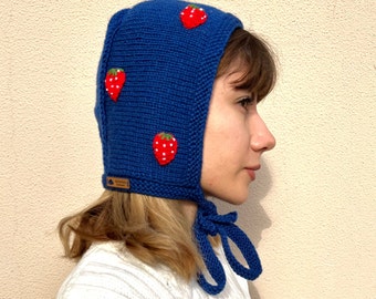 Balaclava knit in navy blue, adult's bonnet, pure wool bonnet, custom balaclava, strawberry balaclava