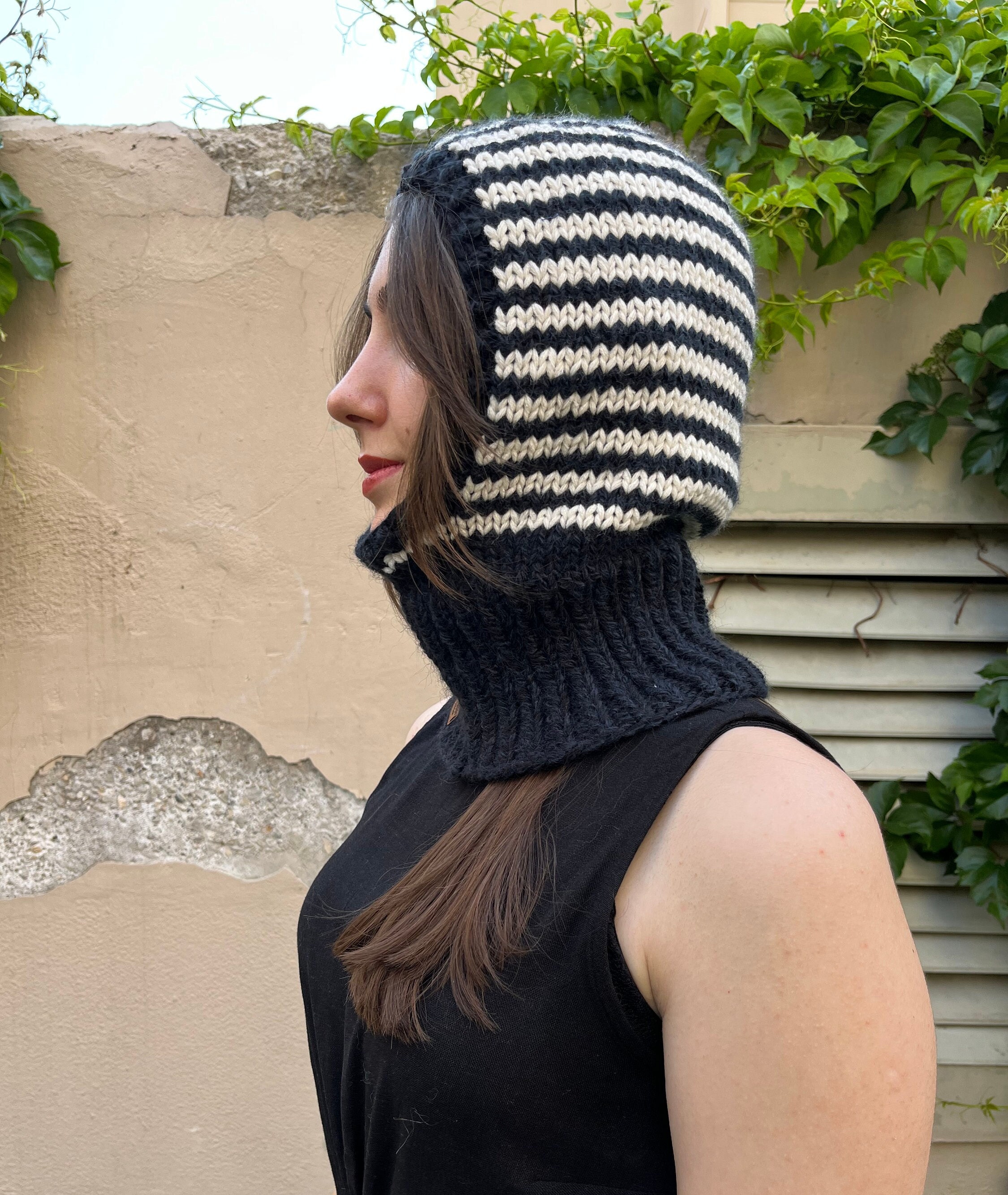 Hand Knitted Balaclava With Stripes, Black and White Balaclava ...