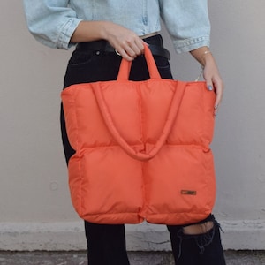 Orange Puffer Tote Bag: Large Quilted Laptop Bag