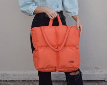 Large puffer bag with zipper, orange laptop bag, handmade tote bag, oversize puffy bag, quilted bag, pillow puffer bag