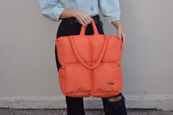 Large Puffer Bag With Zipper Orange Laptop Bag Handmade Tote Bag Oversize Puffy Bag Quilted Bag Pillow Puffer Bag Etsy