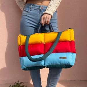 Pillow puffer bag, colorful quilted tote bag, padded puffer purse, puffy shoulder bag, quilted bag in yellow red blue, laptop bag