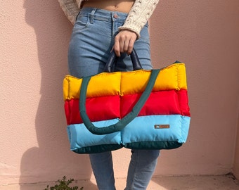 Pillow puffer bag, colorful quilted tote bag, padded puffer purse, puffy shoulder bag, quilted bag in yellow red blue, laptop bag