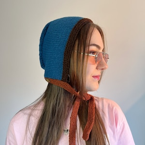 Hand knitted bonnet for adults, handmade bonnet in ocean blue brown,  bow tie bonnet, enamel blue balaclava with ties