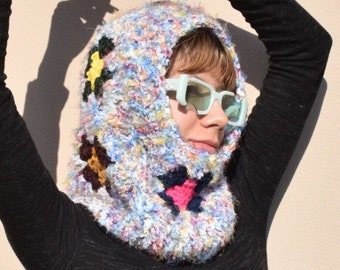 Hand Knit Crochet Balaclava, Fuzzy Granny Square Face Cover
