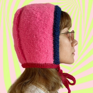 Knit bonnet for adults, handmade mohair bonnet, pink blue balaclava with ties, bow tie bonnet, hand knitted headgear