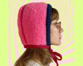 Knit bonnet for adults, handmade mohair bonnet, pink blue balaclava with ties, bow tie bonnet, hand knitted headgear