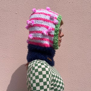 Hand knit balaclava with pom poms, cozy hand knit head wear, colorful knitted hood, striped balaclava in pink white and green image 7