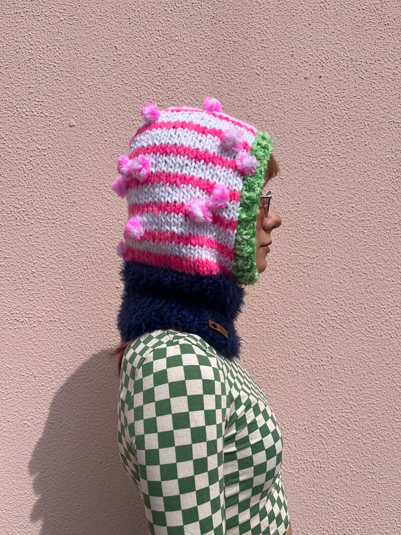 Hand knit balaclava with pom poms, cozy hand knit head wear, colorful knitted hood, striped balaclava in pink white and green image 7