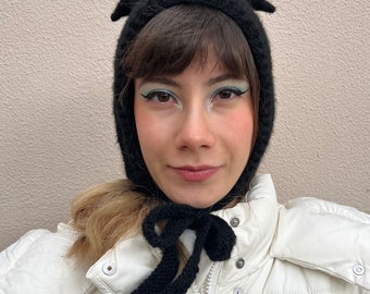 Mohair Balaclava Fuzzy Black Beanie Bonnet With Cat Ears Balaclava Knit Devil Hood Bow Tie Adult Bonnet for Cat Lovers Gift Idea