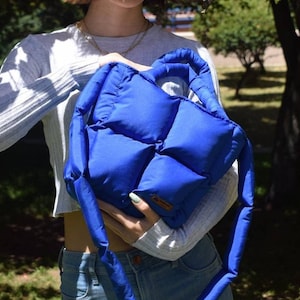 Handmade Blue Puffer Bag: Quilted Tote with Inner Pocket
