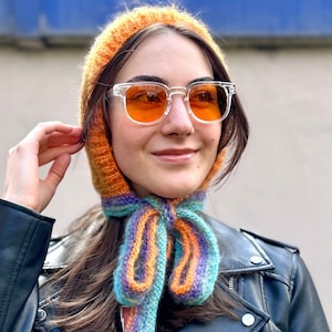 Hand Knitted Mohair Balaclava Bonnet: Orange Purple Adult Winter Hat