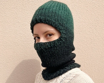 Hand Knitted Full Face Balaclava | Degrade Sacramento Green Tones | Wool Balaclava Face Cover