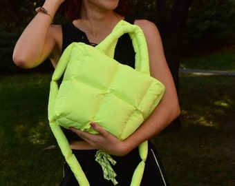 Neon yellow puffer bag, puffy tote bag, personalized limited edition bag, quilted bag, cloud pillow bag