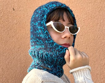 Handmade balaclava in blue tones, knitted blue balaclava, warm hood for winter