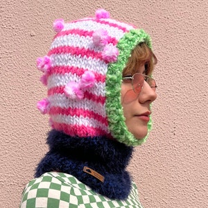 Hand knit balaclava with pom poms, cozy hand knit head wear, colorful knitted hood, striped balaclava in pink white and green image 1