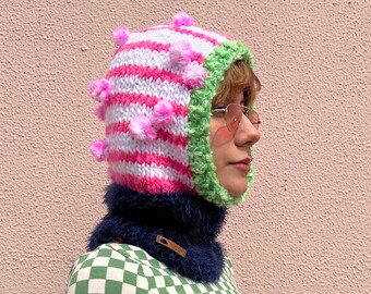 Hand knit balaclava with pom poms, cozy hand knit head wear, colorful knitted hood, striped balaclava in pink white and green