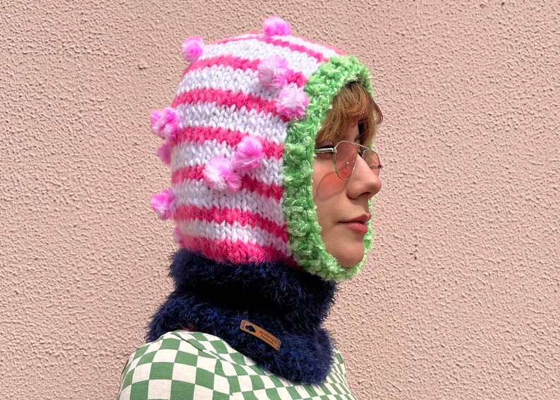 Hand knit balaclava with pom poms, cozy hand knit head wear, colorful knitted hood, striped balaclava in pink white and green image 1