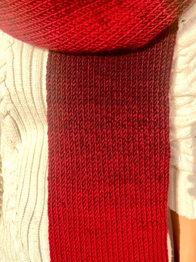 Hand knitted scarf in gradient red tones, cozy winter accessory, handmade neckwear made from 25% wool image 3