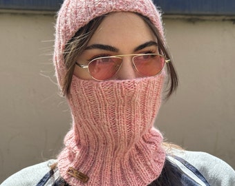 Hand knitted full face balaclava, knit balaclava ski mask, wool powder pink face cover