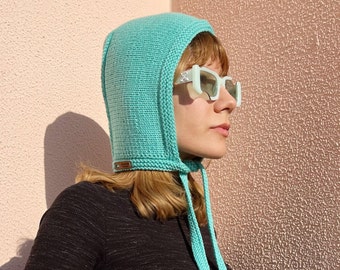 Blue Balaclava Knit Handmade Wool Balaclava With Tie Adult Bonnet Balaclava Hood Bow Turquoise Hat Winter Accessory Merino Bonnet 70s Knit