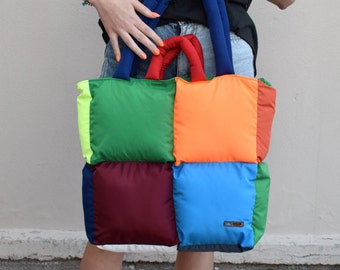 Colorful Quilted Pillow Tote Bag, Handmade Puffer Laptop Bag
